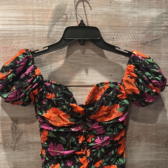 Zara Floral Off the Shoulder Puff Sleeve Mini Dress with Ruching size S - Picture 9 of 12
